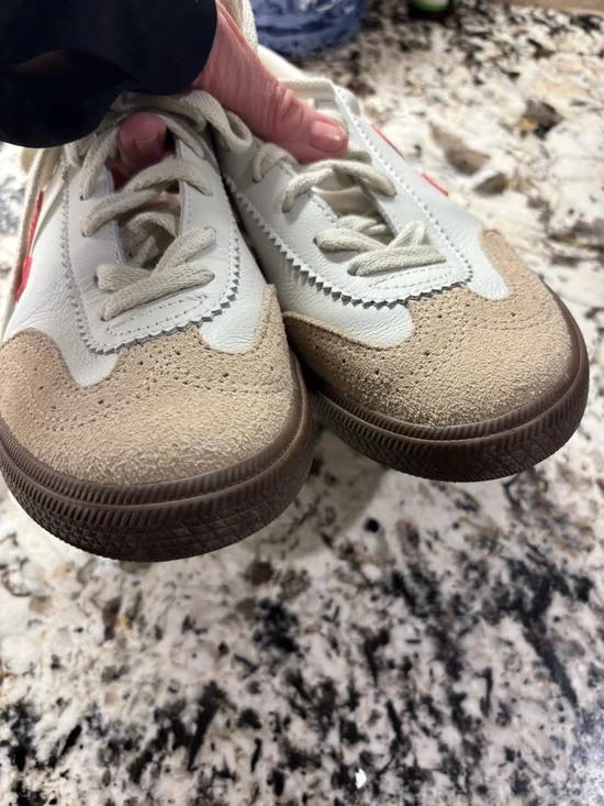 Veja Low-Top Leather Sneakers in White with V and Red Heel Tab Beige Suede - Picture 4 of 10